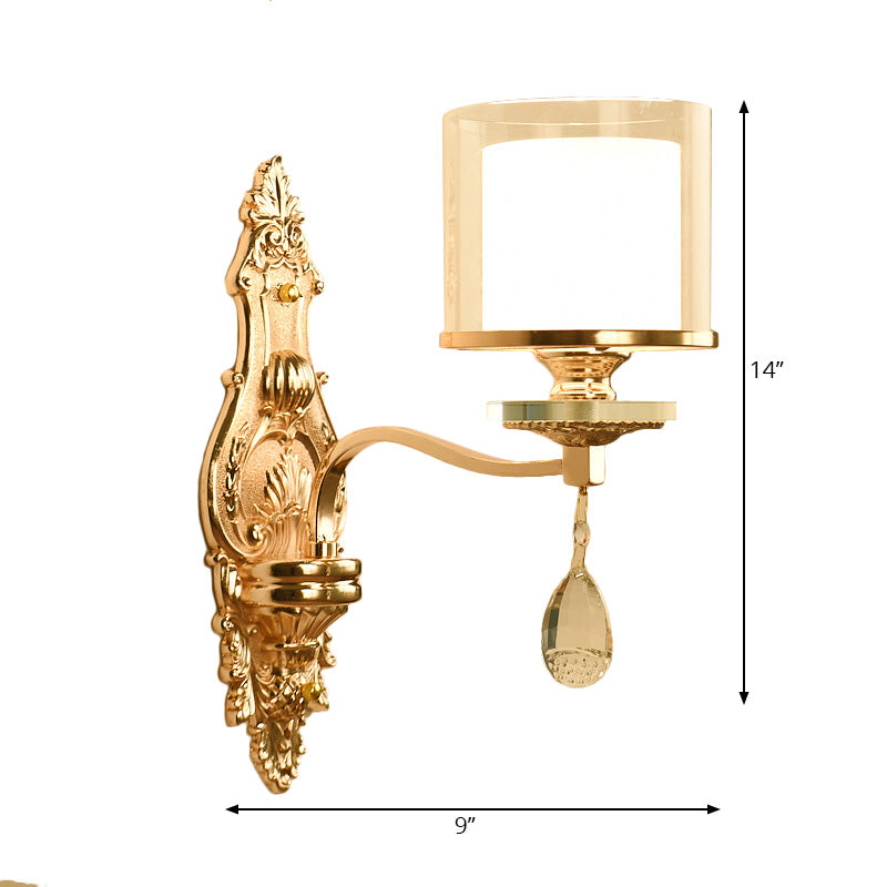 Gold Finish Cylinder Sconce Light Vintage 1/2-Bulb Metal Wall Light Fixture with Double Glass Shade and Crystal Deco Clearhalo 'Modern wall lights' 'Modern' 'Wall Lamps & Sconces' 'Wall Lights' Lighting' 222154