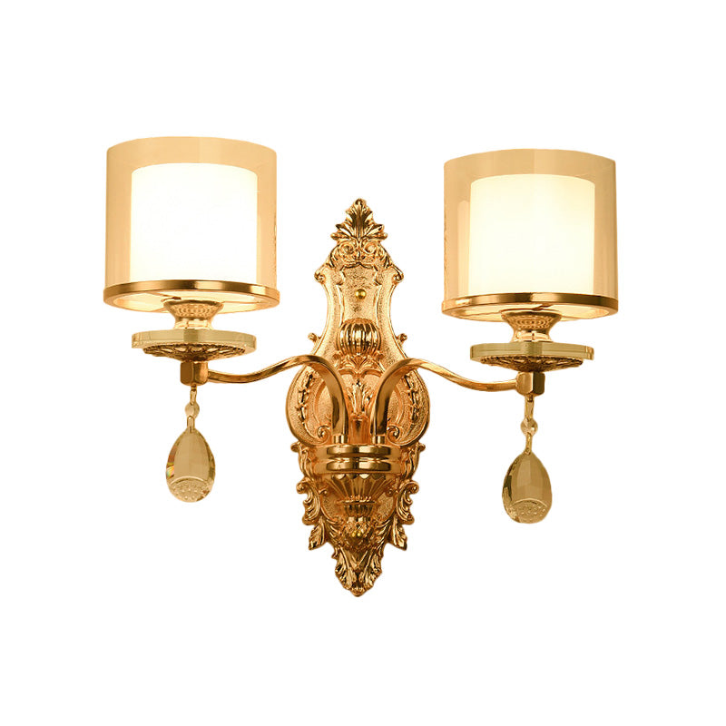 Gold Finish Cylinder Sconce Light Vintage 1/2-Bulb Metal Wall Light Fixture with Double Glass Shade and Crystal Deco Clearhalo 'Modern wall lights' 'Modern' 'Wall Lamps & Sconces' 'Wall Lights' Lighting' 222156