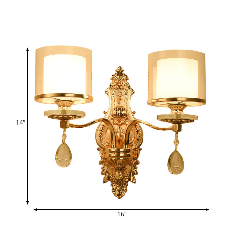 Gold Finish Cylinder Sconce Light Vintage 1/2-Bulb Metal Wall Light Fixture with Double Glass Shade and Crystal Deco Clearhalo 'Modern wall lights' 'Modern' 'Wall Lamps & Sconces' 'Wall Lights' Lighting' 222157