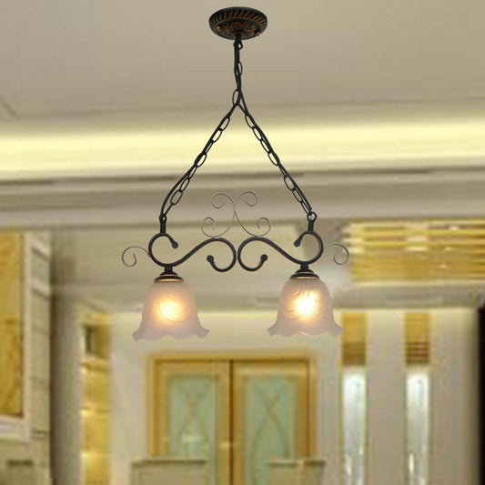 Flared Frosted Glass Hanging Pendant Light Traditional 2/3 Lights Dining Room Island Lighting Fixture in Black 2 Black Clearhalo 'Ceiling Lights' 'Glass shade' 'Glass' 'Island Lights' Lighting' 222178