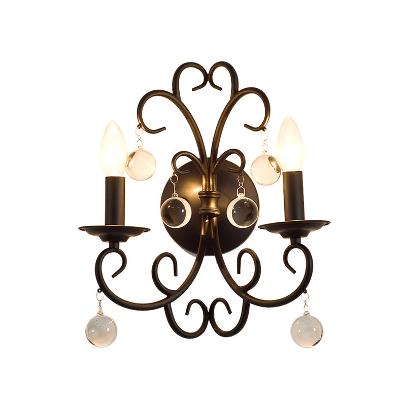 Metal Bare Bulb Wall Light Vintage Style 2 Heads Black Sconce Light Fixture with Clear Crystal Ball Deco Clearhalo 'Cast Iron' 'Glass' 'Industrial' 'Modern wall lights' 'Modern' 'Tiffany' 'Traditional wall lights' 'Wall Lamps & Sconces' 'Wall Lights' Lighting' 222187