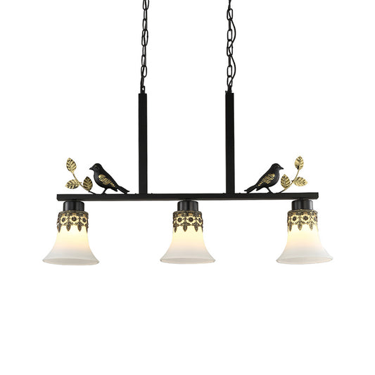 Bell Dining Room Island Pendant Light Classic Frosted Glass 3 Lights Black Hanging Lamp Kit with Birds Clearhalo 'Ceiling Lights' 'Glass shade' 'Glass' 'Island Lights' Lighting' 222210