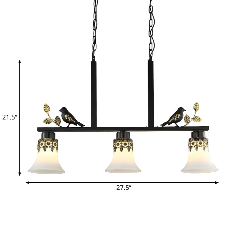 Bell Dining Room Island Pendant Light Classic Frosted Glass 3 Lights Black Hanging Lamp Kit with Birds Clearhalo 'Ceiling Lights' 'Glass shade' 'Glass' 'Island Lights' Lighting' 222211
