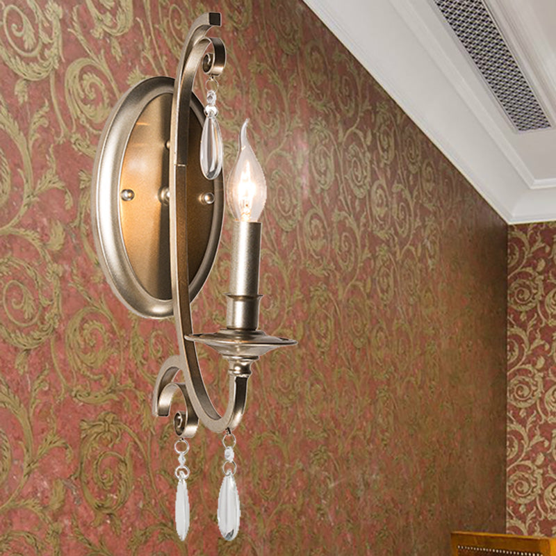 Open Bulb Bedroom Wall Lamp French Country 1/2-Head Brass Finish Sconce Light Fixture with Clear Crystal Accent 1.0 Brass Clearhalo 'Cast Iron' 'Glass' 'Industrial' 'Modern wall lights' 'Modern' 'Tiffany' 'Traditional wall lights' 'Wall Lamps & Sconces' 'Wall Lights' Lighting' 222212