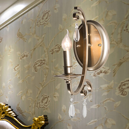 Open Bulb Bedroom Wall Lamp French Country 1/2-Head Brass Finish Sconce Light Fixture with Clear Crystal Accent Clearhalo 'Cast Iron' 'Glass' 'Industrial' 'Modern wall lights' 'Modern' 'Tiffany' 'Traditional wall lights' 'Wall Lamps & Sconces' 'Wall Lights' Lighting' 222213
