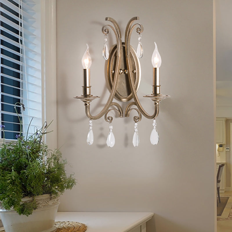 Open Bulb Bedroom Wall Lamp French Country 1/2-Head Brass Finish Sconce Light Fixture with Clear Crystal Accent 2.0 Brass Clearhalo 'Cast Iron' 'Glass' 'Industrial' 'Modern wall lights' 'Modern' 'Tiffany' 'Traditional wall lights' 'Wall Lamps & Sconces' 'Wall Lights' Lighting' 222216