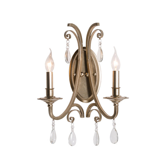 Open Bulb Bedroom Wall Lamp French Country 1/2-Head Brass Finish Sconce Light Fixture with Clear Crystal Accent Clearhalo 'Cast Iron' 'Glass' 'Industrial' 'Modern wall lights' 'Modern' 'Tiffany' 'Traditional wall lights' 'Wall Lamps & Sconces' 'Wall Lights' Lighting' 222217