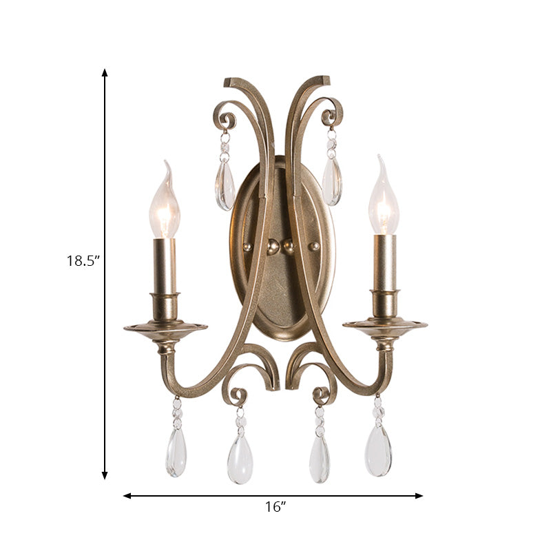 Open Bulb Bedroom Wall Lamp French Country 1/2-Head Brass Finish Sconce Light Fixture with Clear Crystal Accent Clearhalo 'Cast Iron' 'Glass' 'Industrial' 'Modern wall lights' 'Modern' 'Tiffany' 'Traditional wall lights' 'Wall Lamps & Sconces' 'Wall Lights' Lighting' 222218