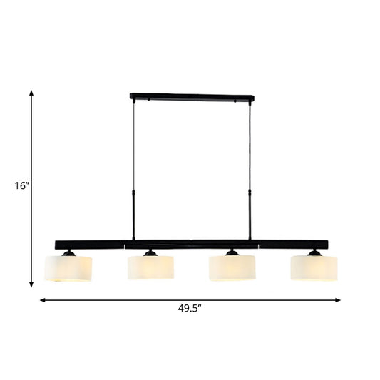 Traditional Drum Island Pendant 4 Lights White Glass Hanging Light Kit in Black for Dining Room Clearhalo 'Ceiling Lights' 'Glass shade' 'Glass' 'Island Lights' Lighting' 222241