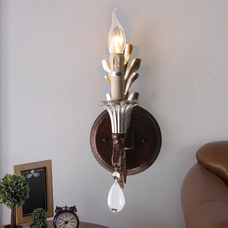 Candle Sconce Light Fixture Vintage Style Metal 1 Bulb Rust Wall Mount Light with Clear Crystal Teardrop Deco Clearhalo 'Cast Iron' 'Glass' 'Industrial' 'Modern wall lights' 'Modern' 'Tiffany' 'Traditional wall lights' 'Wall Lamps & Sconces' 'Wall Lights' Lighting' 222243