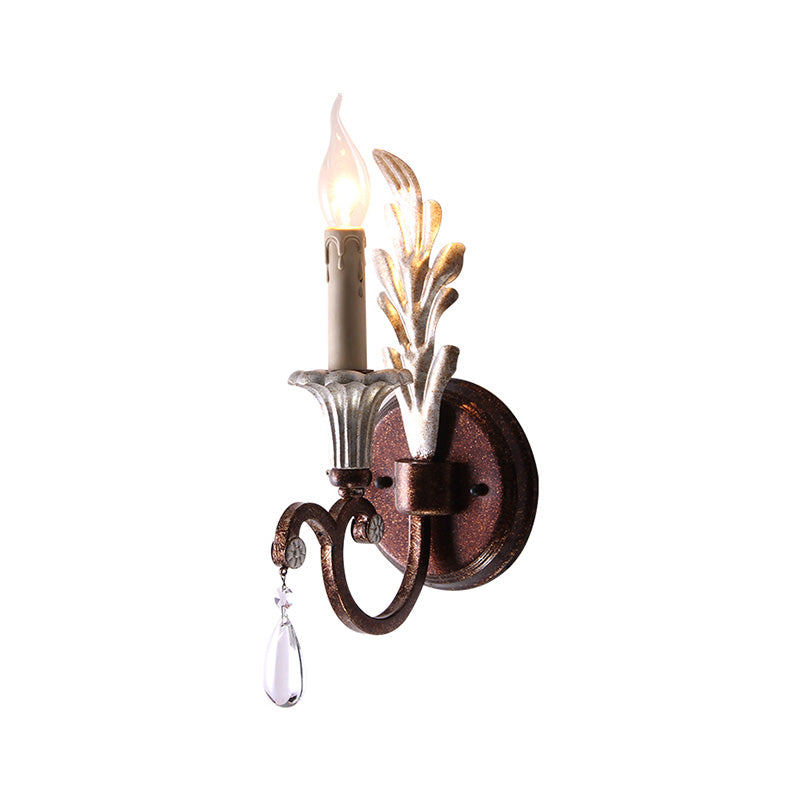 Candle Sconce Light Fixture Vintage Style Metal 1 Bulb Rust Wall Mount Light with Clear Crystal Teardrop Deco Clearhalo 'Cast Iron' 'Glass' 'Industrial' 'Modern wall lights' 'Modern' 'Tiffany' 'Traditional wall lights' 'Wall Lamps & Sconces' 'Wall Lights' Lighting' 222244