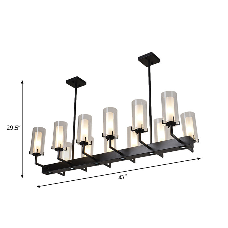 Cylinder Clear Glass Island Light Traditional 8/12 Lights Dining Room Pendant Lighting in Black Clearhalo 'Ceiling Lights' 'Glass shade' 'Glass' 'Island Lights' Lighting' 222250