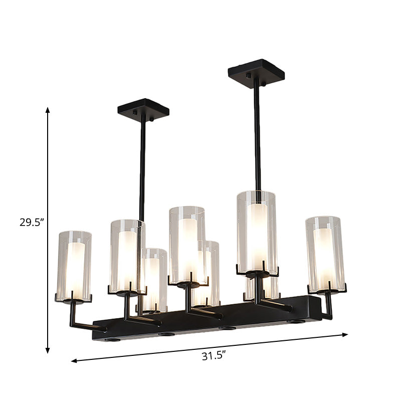 Cylinder Clear Glass Island Light Traditional 8/12 Lights Dining Room Pendant Lighting in Black Clearhalo 'Ceiling Lights' 'Glass shade' 'Glass' 'Island Lights' Lighting' 222253