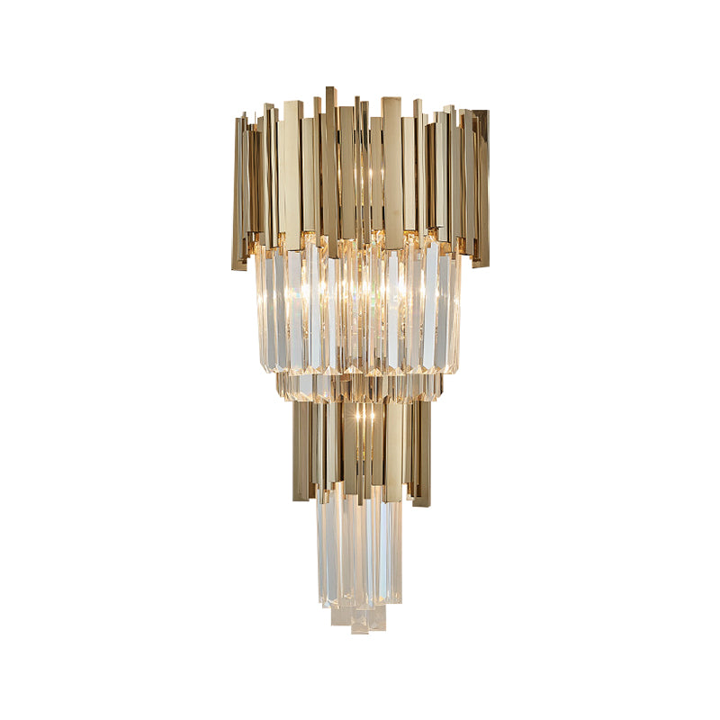 8"/12" W Tiered Sconce Light Modern Style Clear Crystal and Metal 2 Bulbs Golden Wall Mounted Lamp Clearhalo 'Modern wall lights' 'Modern' 'Wall Lamps & Sconces' 'Wall Lights' Lighting' 222261