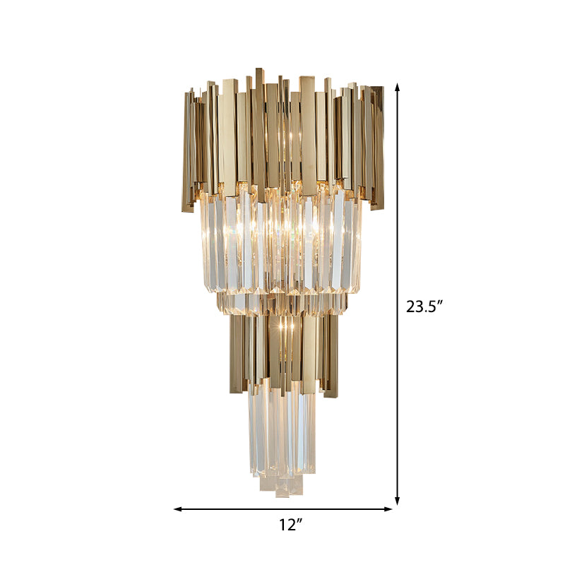 8"/12" W Tiered Sconce Light Modern Style Clear Crystal and Metal 2 Bulbs Golden Wall Mounted Lamp Clearhalo 'Modern wall lights' 'Modern' 'Wall Lamps & Sconces' 'Wall Lights' Lighting' 222262