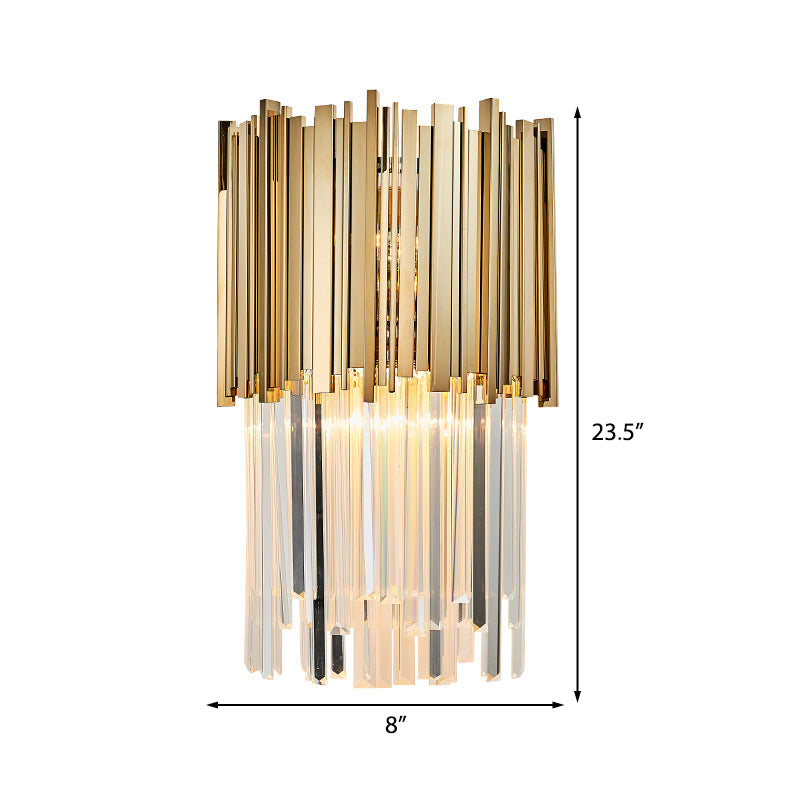 8"/12" W Tiered Sconce Light Modern Style Clear Crystal and Metal 2 Bulbs Golden Wall Mounted Lamp Clearhalo 'Modern wall lights' 'Modern' 'Wall Lamps & Sconces' 'Wall Lights' Lighting' 222265