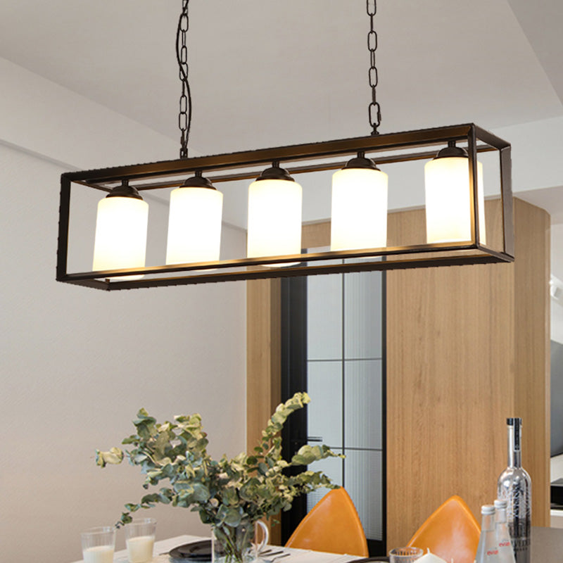 Black/Brass 5/6 Lights Island Light Fixture Traditional Opal Glass Rectangular Pendant Lighting 5 Black Clearhalo 'Ceiling Lights' 'Close To Ceiling Lights' 'Glass shade' 'Glass' 'Island Lights' Lighting' 222293