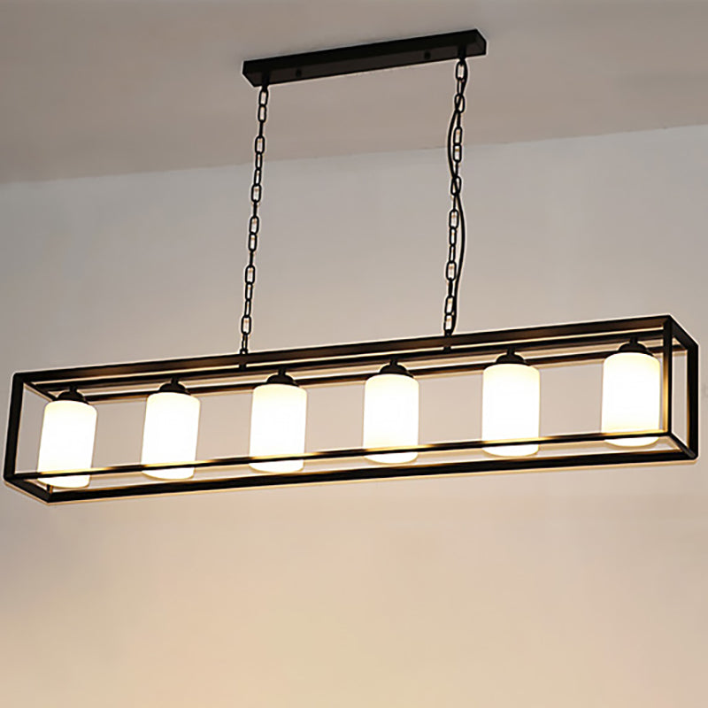 Black/Brass 5/6 Lights Island Light Fixture Traditional Opal Glass Rectangular Pendant Lighting 6 Black Clearhalo 'Ceiling Lights' 'Close To Ceiling Lights' 'Glass shade' 'Glass' 'Island Lights' Lighting' 222299