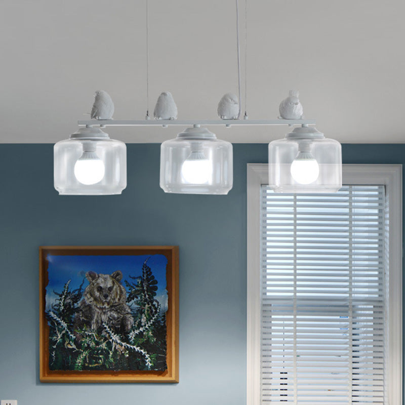 3-Bulb Clear Glass Island Lighting Fixture Traditional White Barrel Dining Room Hanging Light Kit with Birds White Clearhalo 'Ceiling Lights' 'Glass shade' 'Glass' 'Island Lights' Lighting' 222302
