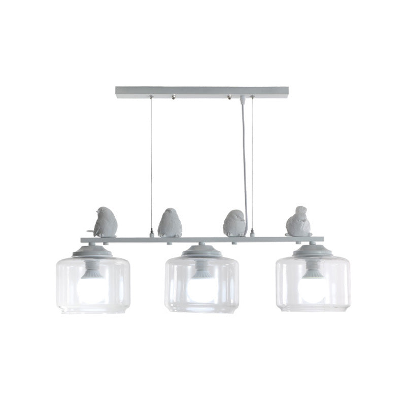 3-Bulb Clear Glass Island Lighting Fixture Traditional White Barrel Dining Room Hanging Light Kit with Birds Clearhalo 'Ceiling Lights' 'Glass shade' 'Glass' 'Island Lights' Lighting' 222304