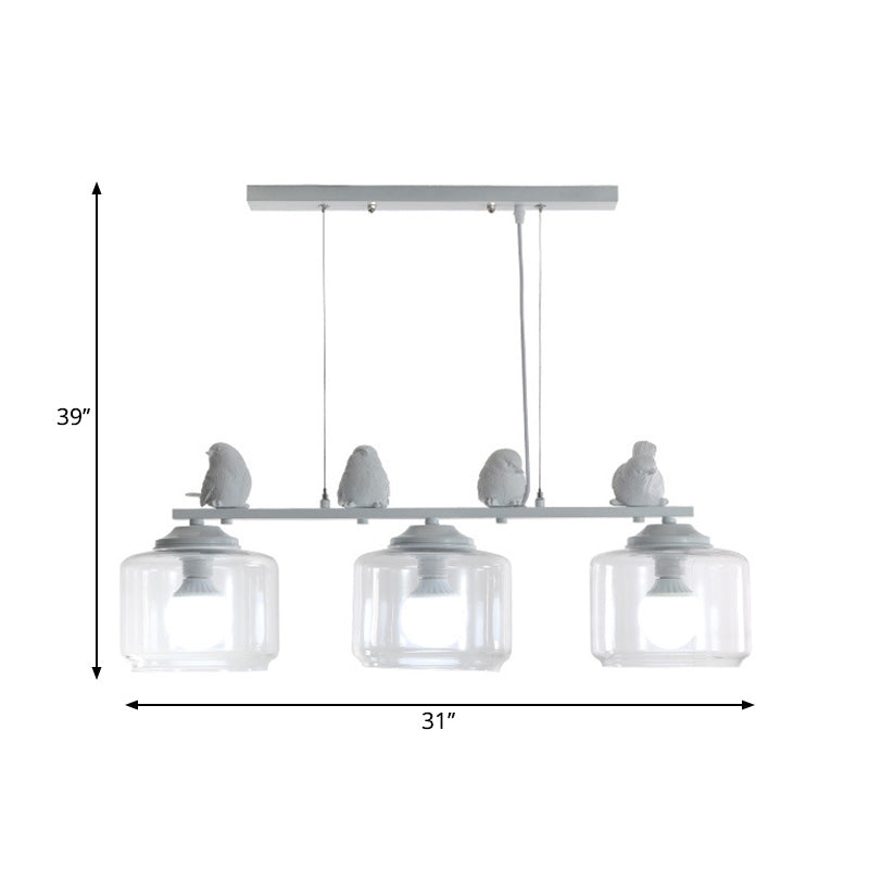 3-Bulb Clear Glass Island Lighting Fixture Traditional White Barrel Dining Room Hanging Light Kit with Birds Clearhalo 'Ceiling Lights' 'Glass shade' 'Glass' 'Island Lights' Lighting' 222305