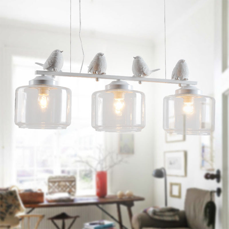 Clear Glass White Island Pendant Barrel 3 Lights Traditional Hanging Light Kit for Dining Room with Birds White Clearhalo 'Ceiling Lights' 'Glass shade' 'Glass' 'Island Lights' Lighting' 222306