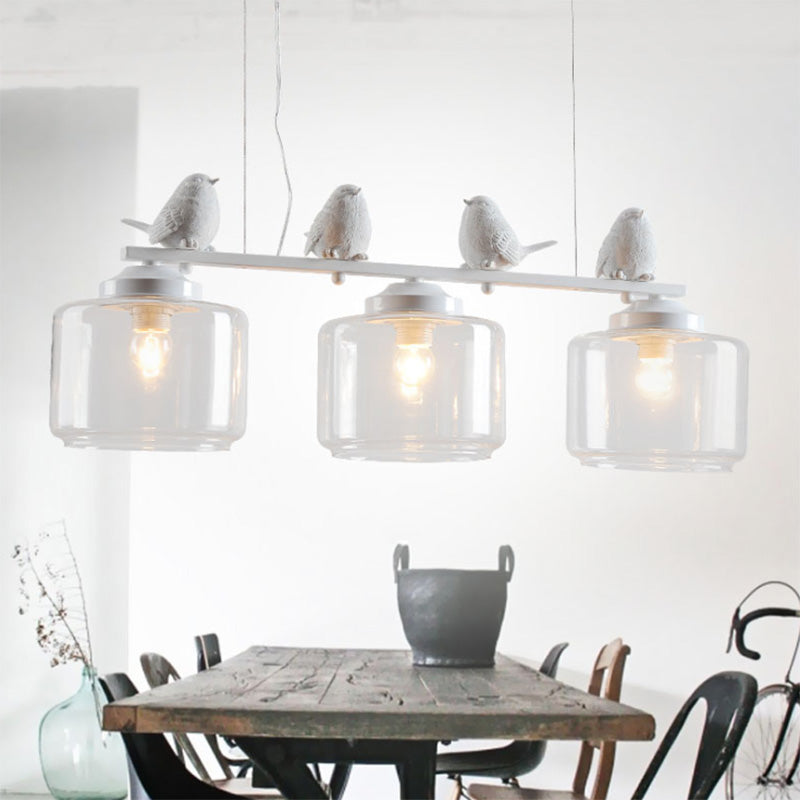 Clear Glass White Island Pendant Barrel 3 Lights Traditional Hanging Light Kit for Dining Room with Birds Clearhalo 'Ceiling Lights' 'Glass shade' 'Glass' 'Island Lights' Lighting' 222307