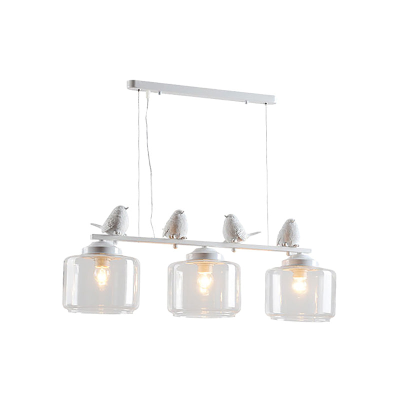 Clear Glass White Island Pendant Barrel 3 Lights Traditional Hanging Light Kit for Dining Room with Birds Clearhalo 'Ceiling Lights' 'Glass shade' 'Glass' 'Island Lights' Lighting' 222308