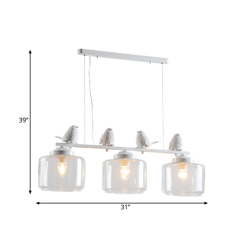 Clear Glass White Island Pendant Barrel 3 Lights Traditional Hanging Light Kit for Dining Room with Birds Clearhalo 'Ceiling Lights' 'Glass shade' 'Glass' 'Island Lights' Lighting' 222309