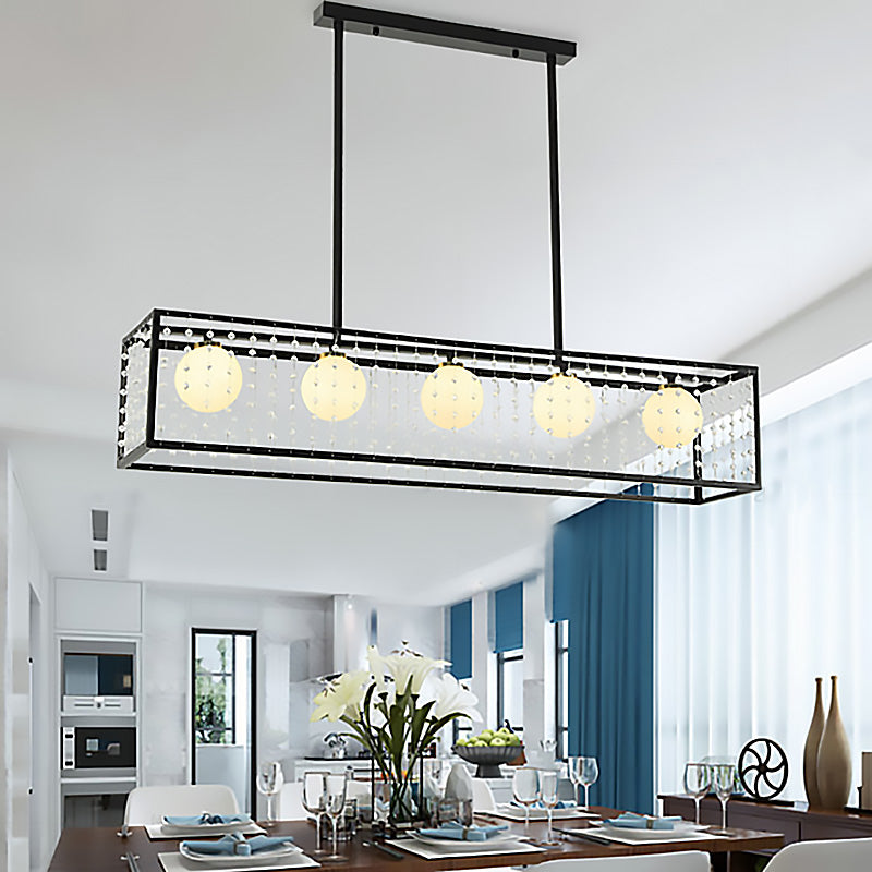 Traditional Rectangle Island Pendant 5 Lights Opal Glass Hanging Light Kit in Black for Dining Room Black Clearhalo 'Ceiling Lights' 'Glass shade' 'Glass' 'Island Lights' Lighting' 222316