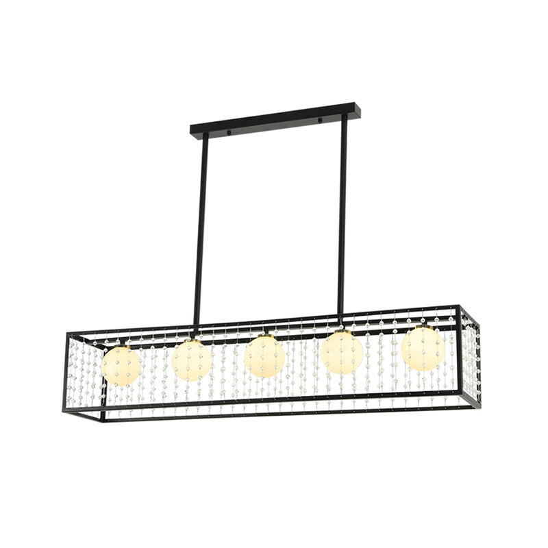 Traditional Rectangle Island Pendant 5 Lights Opal Glass Hanging Light Kit in Black for Dining Room Clearhalo 'Ceiling Lights' 'Glass shade' 'Glass' 'Island Lights' Lighting' 222318