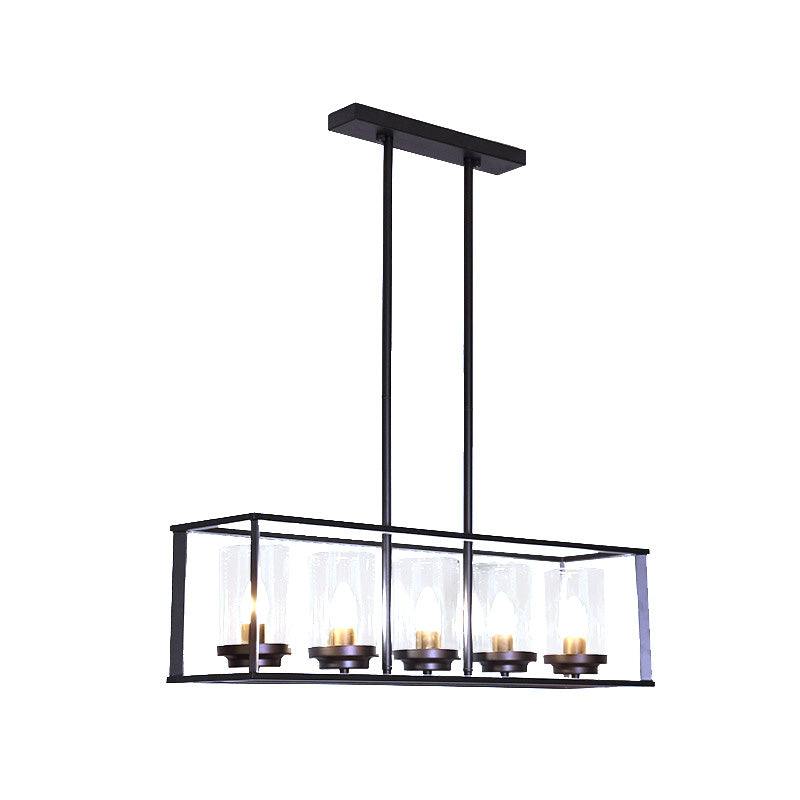 5/6 Lights Dining Room Hanging Light Kit Classic Black Island Lighting with Cylinder Clear Glass Shade Clearhalo 'Ceiling Lights' 'Glass shade' 'Glass' 'Island Lights' Lighting' 222322