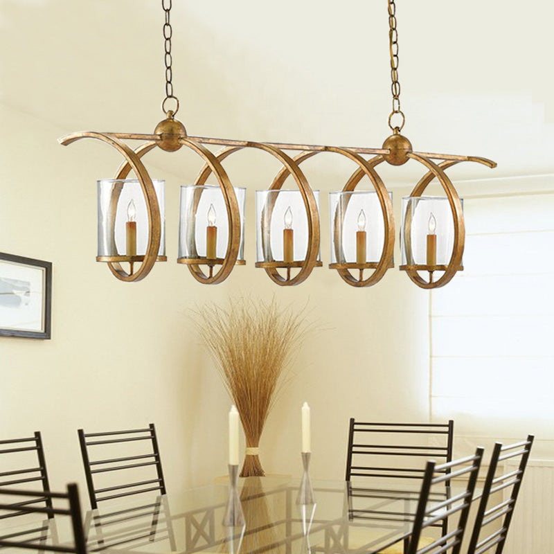 Antique Brass/Aged Silver Cylinder Island Lighting Fixture Traditional Clear Glass 3/5 Bulbs Dining Room Hanging Light 5 Antique Brass Clearhalo 'Ceiling Lights' 'Glass shade' 'Glass' 'Island Lights' Lighting' 222356