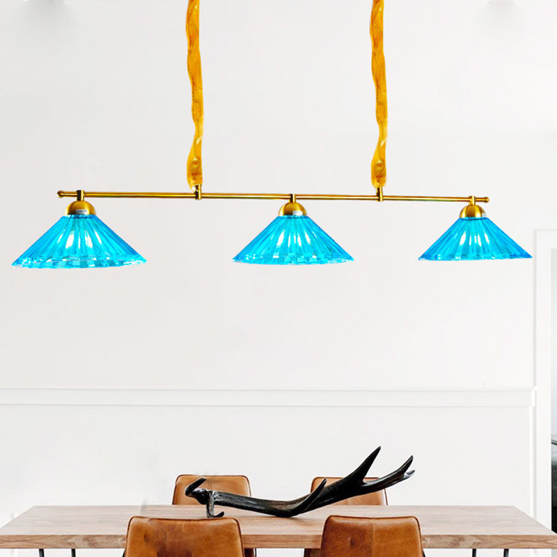 Blue Ribbed Glass Cone Island Pendant Light Traditional 3 Lights Dining Room Hanging Lamp Blue Clearhalo 'Ceiling Lights' 'Glass shade' 'Glass' 'Island Lights' Lighting' 222379