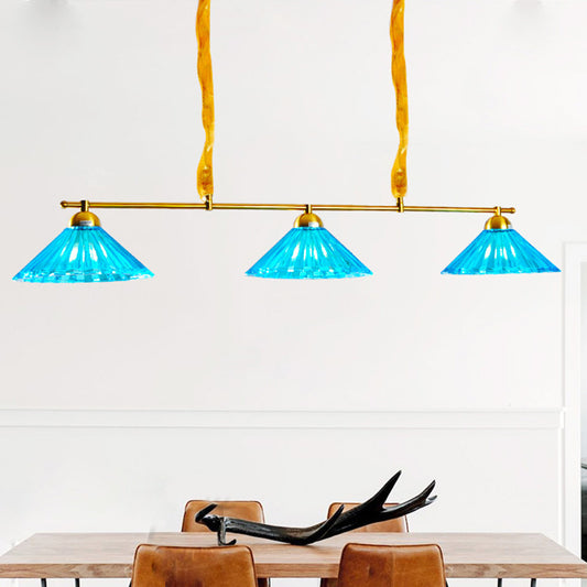 Blue Ribbed Glass Cone Island Pendant Light Traditional 3 Lights Dining Room Hanging Lamp Blue Clearhalo 'Ceiling Lights' 'Glass shade' 'Glass' 'Island Lights' Lighting' 222379