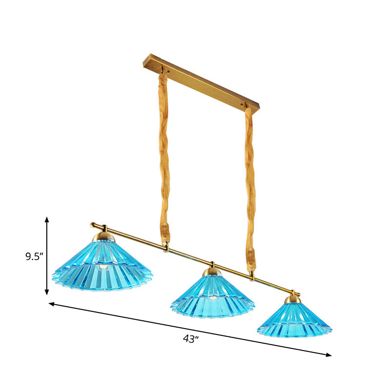 Blue Ribbed Glass Cone Island Pendant Light Traditional 3 Lights Dining Room Hanging Lamp Clearhalo 'Ceiling Lights' 'Glass shade' 'Glass' 'Island Lights' Lighting' 222382