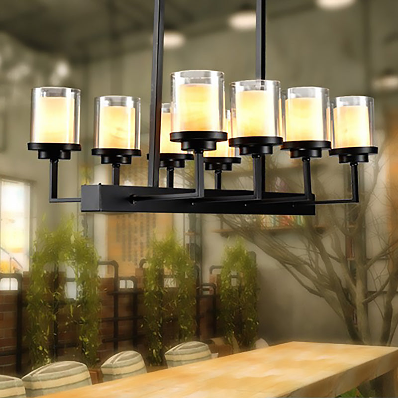 8/12 Bulbs Clear Glass Island Lighting Fixture Traditional Black Cylinder Dining Room Hanging Light Kit Clearhalo 'Ceiling Lights' 'Glass shade' 'Glass' 'Island Lights' Lighting' 222400