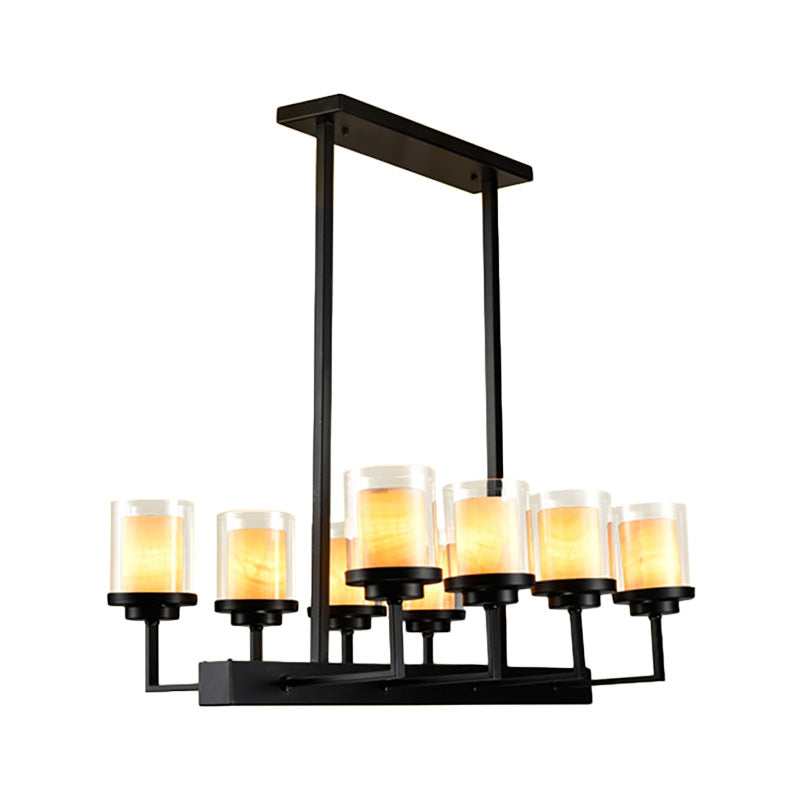 8/12 Bulbs Clear Glass Island Lighting Fixture Traditional Black Cylinder Dining Room Hanging Light Kit Clearhalo 'Ceiling Lights' 'Glass shade' 'Glass' 'Island Lights' Lighting' 222401