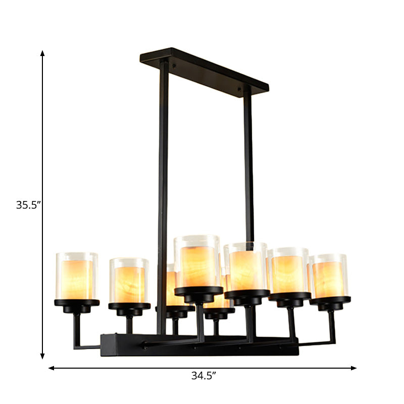 8/12 Bulbs Clear Glass Island Lighting Fixture Traditional Black Cylinder Dining Room Hanging Light Kit Clearhalo 'Ceiling Lights' 'Glass shade' 'Glass' 'Island Lights' Lighting' 222402
