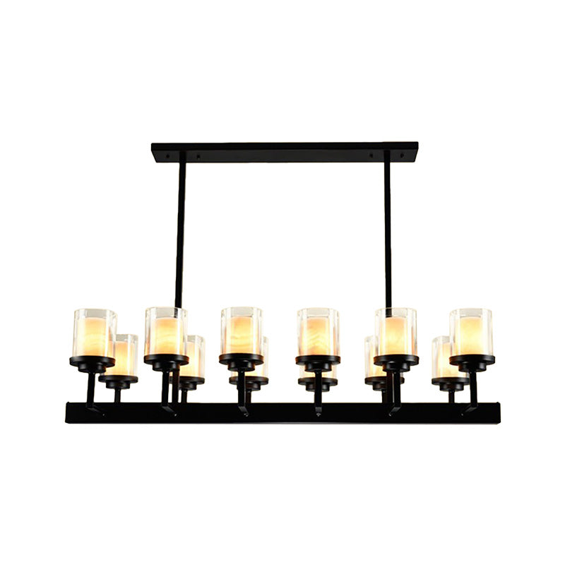 8/12 Bulbs Clear Glass Island Lighting Fixture Traditional Black Cylinder Dining Room Hanging Light Kit Clearhalo 'Ceiling Lights' 'Glass shade' 'Glass' 'Island Lights' Lighting' 222404