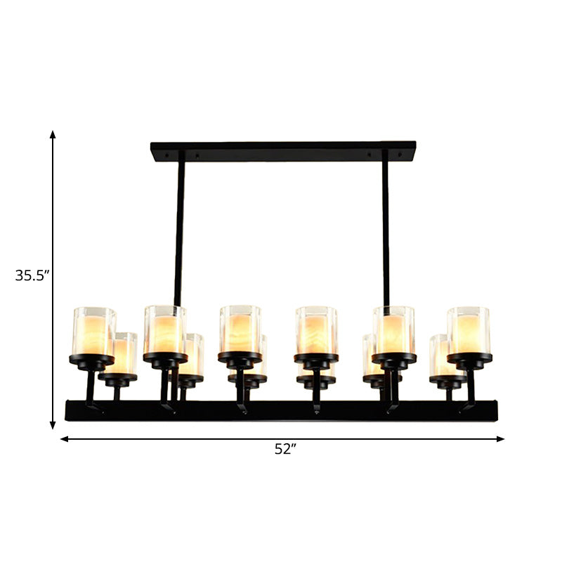 8/12 Bulbs Clear Glass Island Lighting Fixture Traditional Black Cylinder Dining Room Hanging Light Kit Clearhalo 'Ceiling Lights' 'Glass shade' 'Glass' 'Island Lights' Lighting' 222405