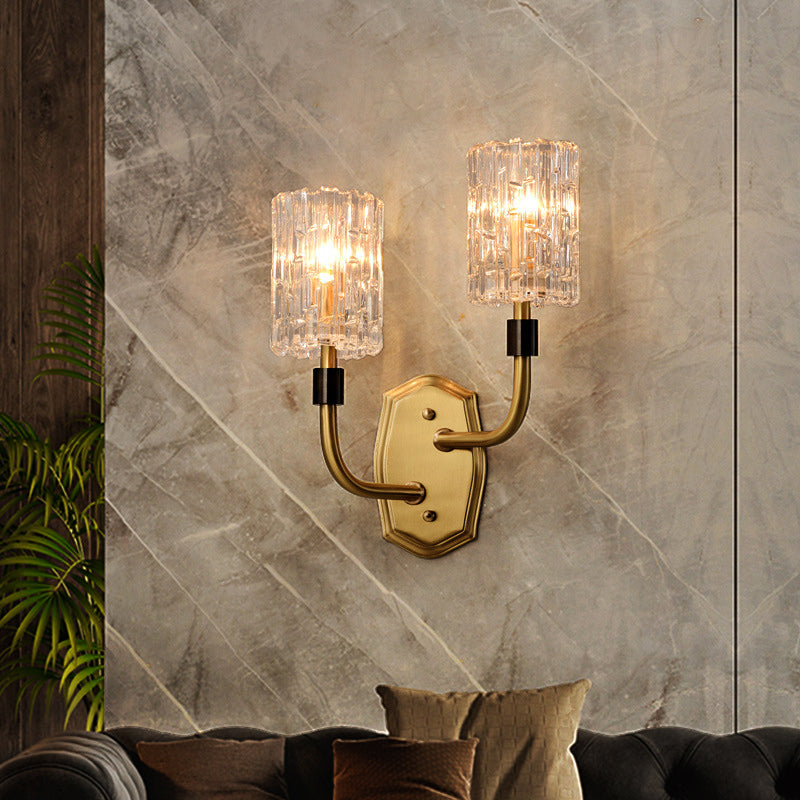 1/2-Light Living Room Wall Mounted Light Modern Brass Sconce Light with Cylinder Clear Glass Shade 2.0 Brass Clearhalo 'Cast Iron' 'Glass' 'Industrial' 'Modern wall lights' 'Modern' 'Tiffany' 'Traditional wall lights' 'Wall Lamps & Sconces' 'Wall Lights' Lighting' 222406