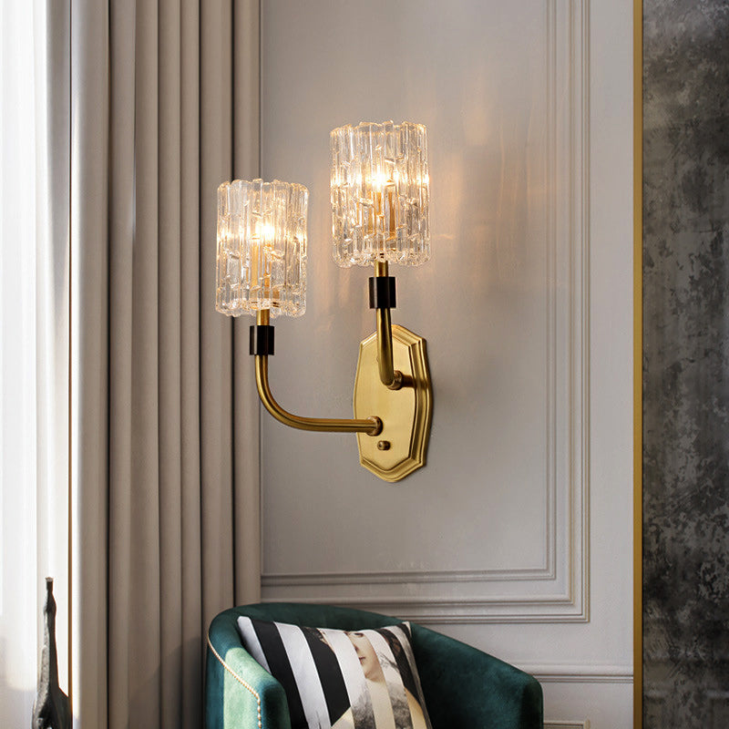 1/2-Light Living Room Wall Mounted Light Modern Brass Sconce Light with Cylinder Clear Glass Shade Clearhalo 'Cast Iron' 'Glass' 'Industrial' 'Modern wall lights' 'Modern' 'Tiffany' 'Traditional wall lights' 'Wall Lamps & Sconces' 'Wall Lights' Lighting' 222407