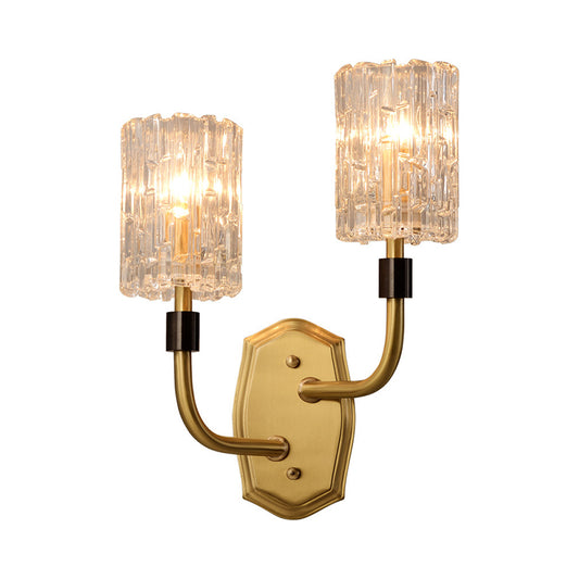 1/2-Light Living Room Wall Mounted Light Modern Brass Sconce Light with Cylinder Clear Glass Shade Clearhalo 'Cast Iron' 'Glass' 'Industrial' 'Modern wall lights' 'Modern' 'Tiffany' 'Traditional wall lights' 'Wall Lamps & Sconces' 'Wall Lights' Lighting' 222408