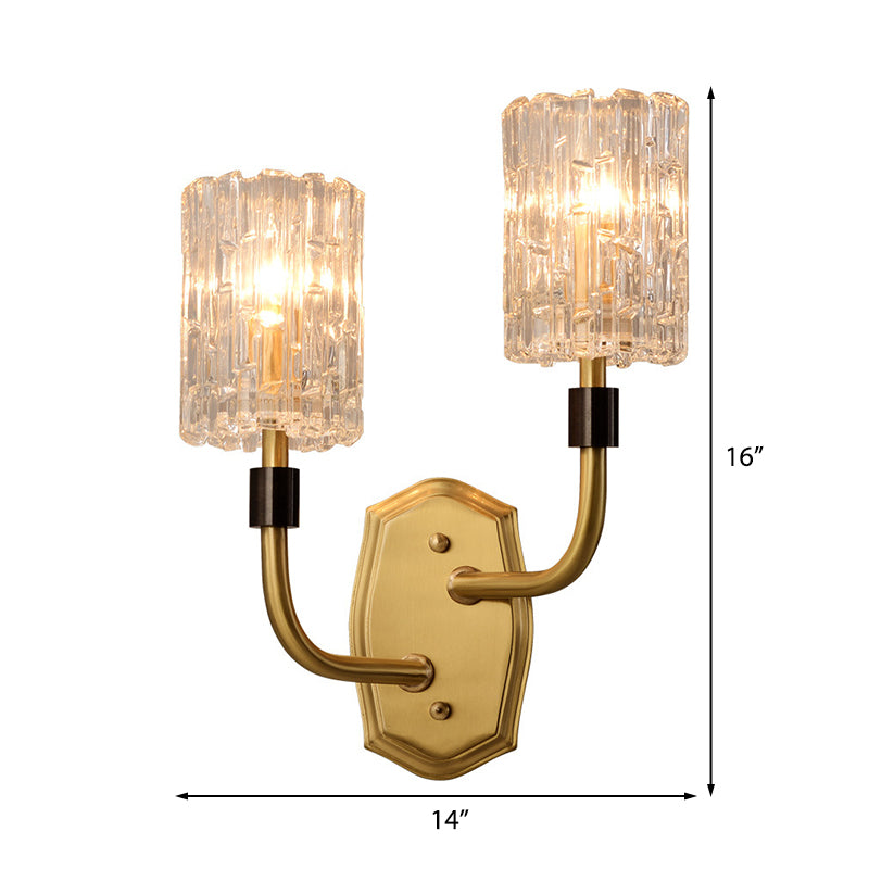 1/2-Light Living Room Wall Mounted Light Modern Brass Sconce Light with Cylinder Clear Glass Shade Clearhalo 'Cast Iron' 'Glass' 'Industrial' 'Modern wall lights' 'Modern' 'Tiffany' 'Traditional wall lights' 'Wall Lamps & Sconces' 'Wall Lights' Lighting' 222409