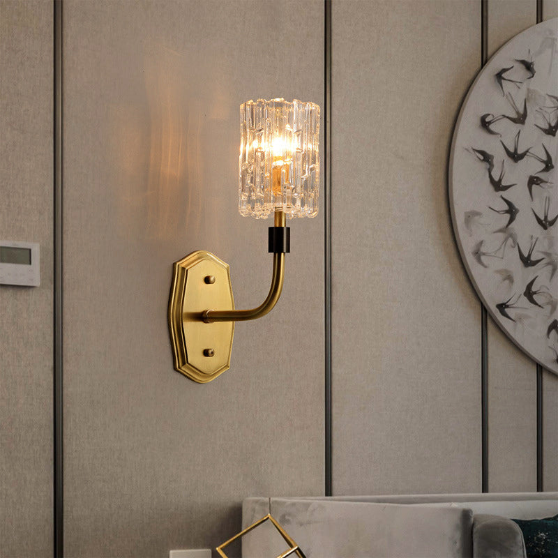 1/2-Light Living Room Wall Mounted Light Modern Brass Sconce Light with Cylinder Clear Glass Shade 1.0 Brass Clearhalo 'Cast Iron' 'Glass' 'Industrial' 'Modern wall lights' 'Modern' 'Tiffany' 'Traditional wall lights' 'Wall Lamps & Sconces' 'Wall Lights' Lighting' 222411