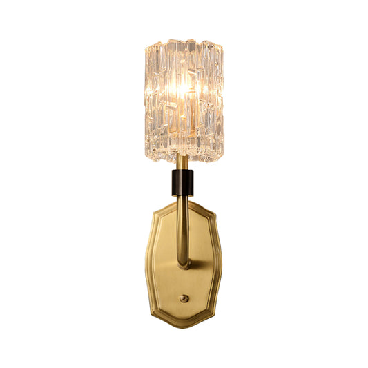 1/2-Light Living Room Wall Mounted Light Modern Brass Sconce Light with Cylinder Clear Glass Shade Clearhalo 'Cast Iron' 'Glass' 'Industrial' 'Modern wall lights' 'Modern' 'Tiffany' 'Traditional wall lights' 'Wall Lamps & Sconces' 'Wall Lights' Lighting' 222412
