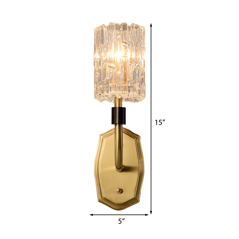 1/2-Light Living Room Wall Mounted Light Modern Brass Sconce Light with Cylinder Clear Glass Shade Clearhalo 'Cast Iron' 'Glass' 'Industrial' 'Modern wall lights' 'Modern' 'Tiffany' 'Traditional wall lights' 'Wall Lamps & Sconces' 'Wall Lights' Lighting' 222413