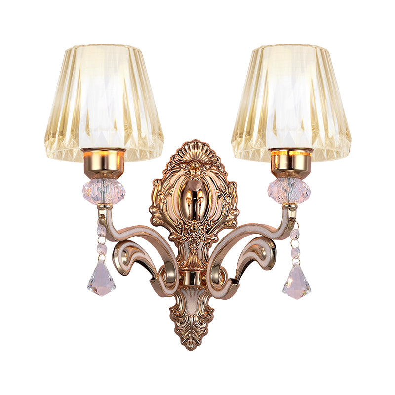 Cone Wall Lamp Vintage Stylish Metal 2 Lights Brass Sconce Lighting with Clear Glass Shade and Crystal Accent Clearhalo 'Modern wall lights' 'Modern' 'Wall Lamps & Sconces' 'Wall Lights' Lighting' 222417