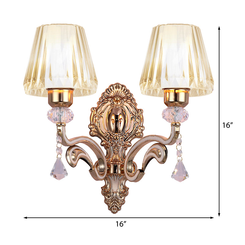 Cone Wall Lamp Vintage Stylish Metal 2 Lights Brass Sconce Lighting with Clear Glass Shade and Crystal Accent Clearhalo 'Modern wall lights' 'Modern' 'Wall Lamps & Sconces' 'Wall Lights' Lighting' 222418